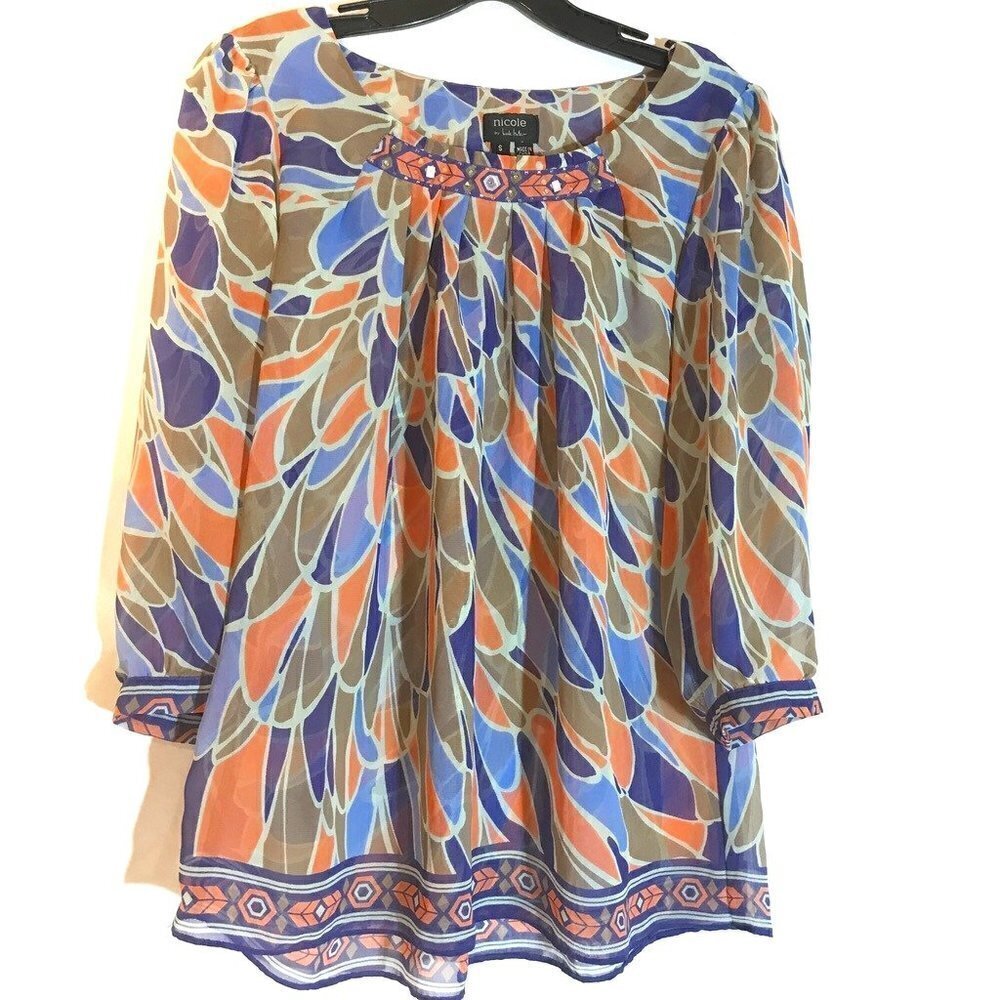Nicole Miller Psychedelic Prairie Top Blouse Sheer Hippie Bohemian Size Small - Picture 2 of 8
